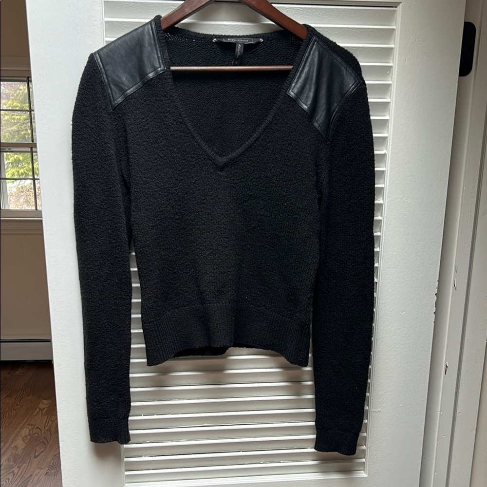 Black V-Neck Sweater with Leather Accents